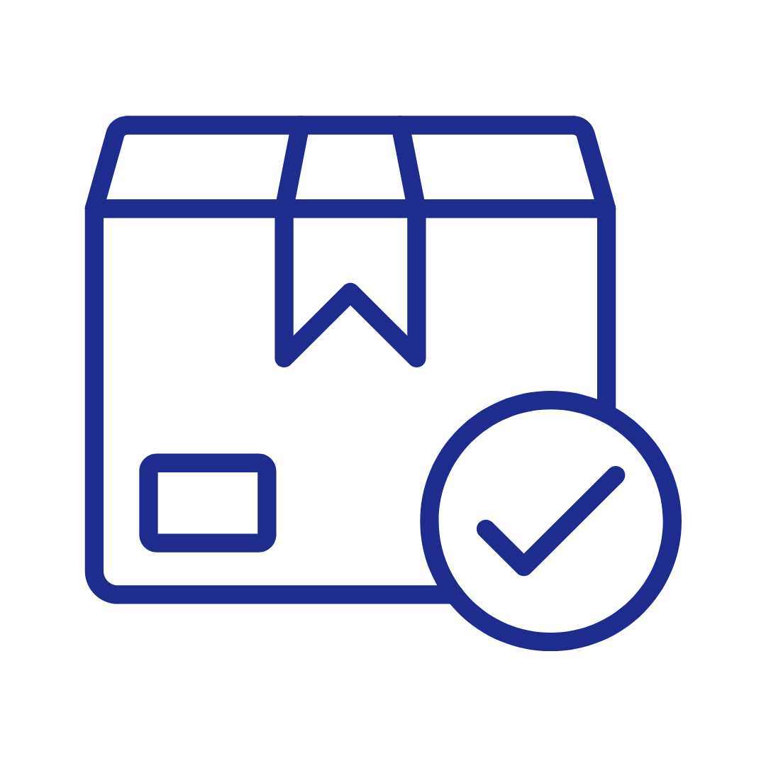 Logo design featuring a delivery box with a check mark, symbolizing reliable shipping and service.