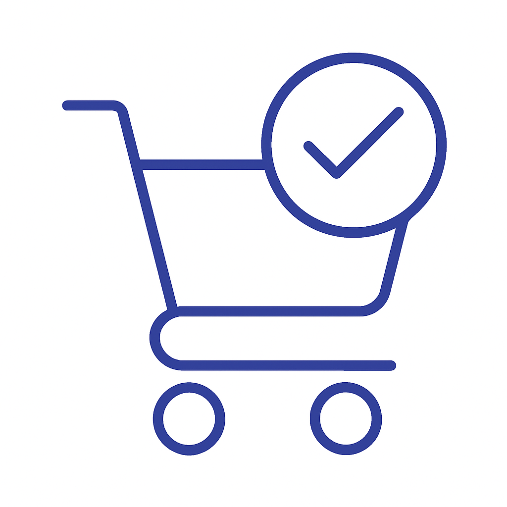 A blue shopping cart icon with a check mark symbol, indicating completed tasks or purchases.