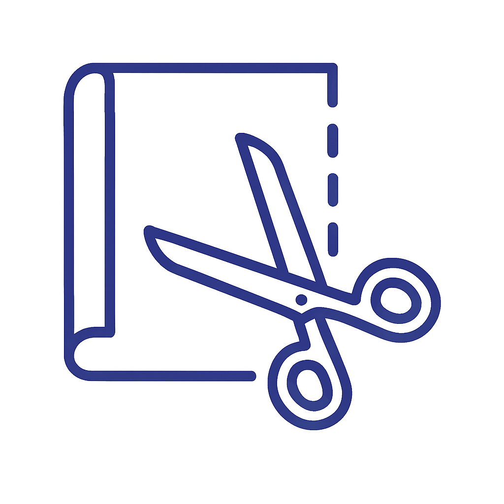 Icon of scissors cutting a piece of paper, symbolizing fabric cutting in garment manufacturing.