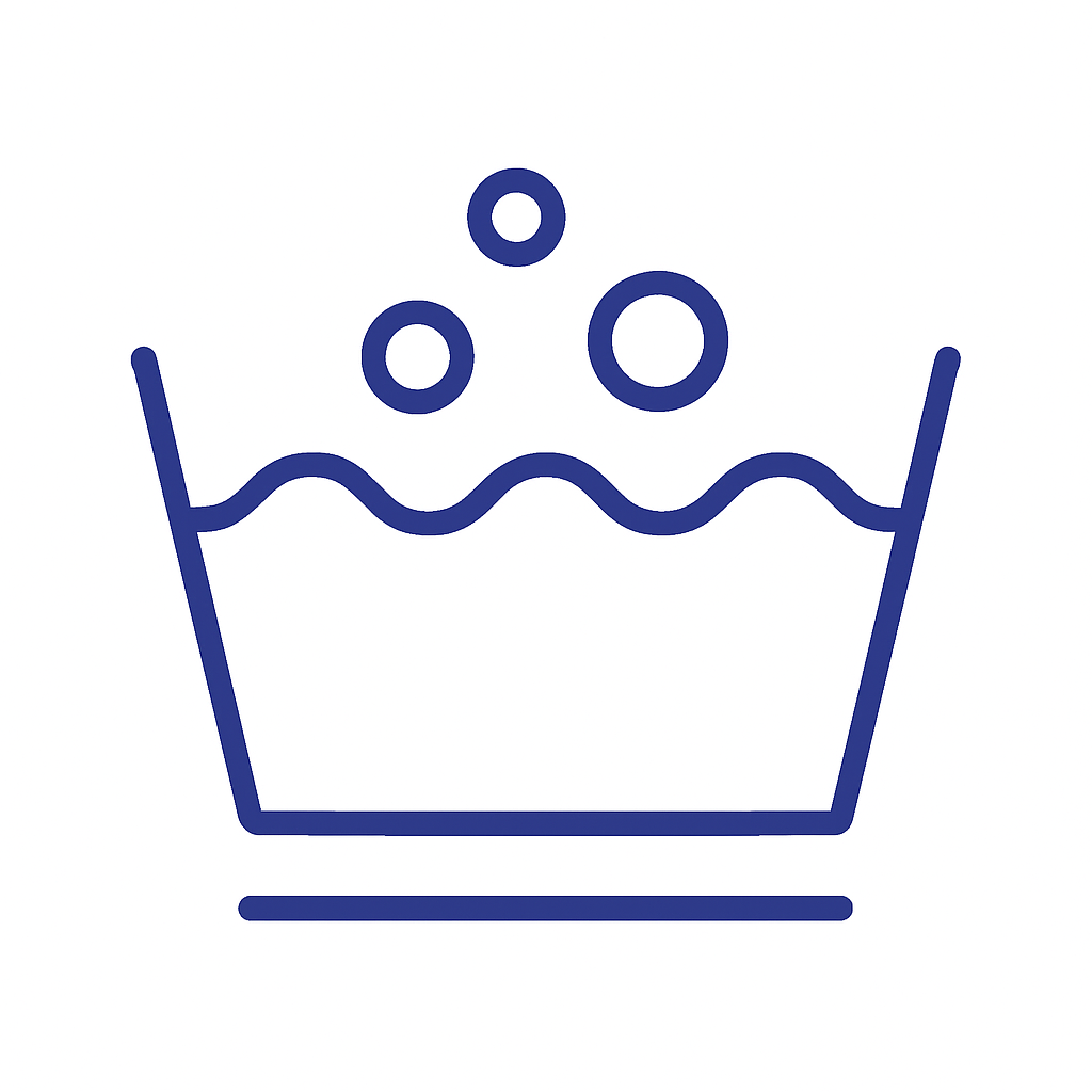 An icon depicting a laundry symbol with bubbles in a washing basin, representing the washing process.