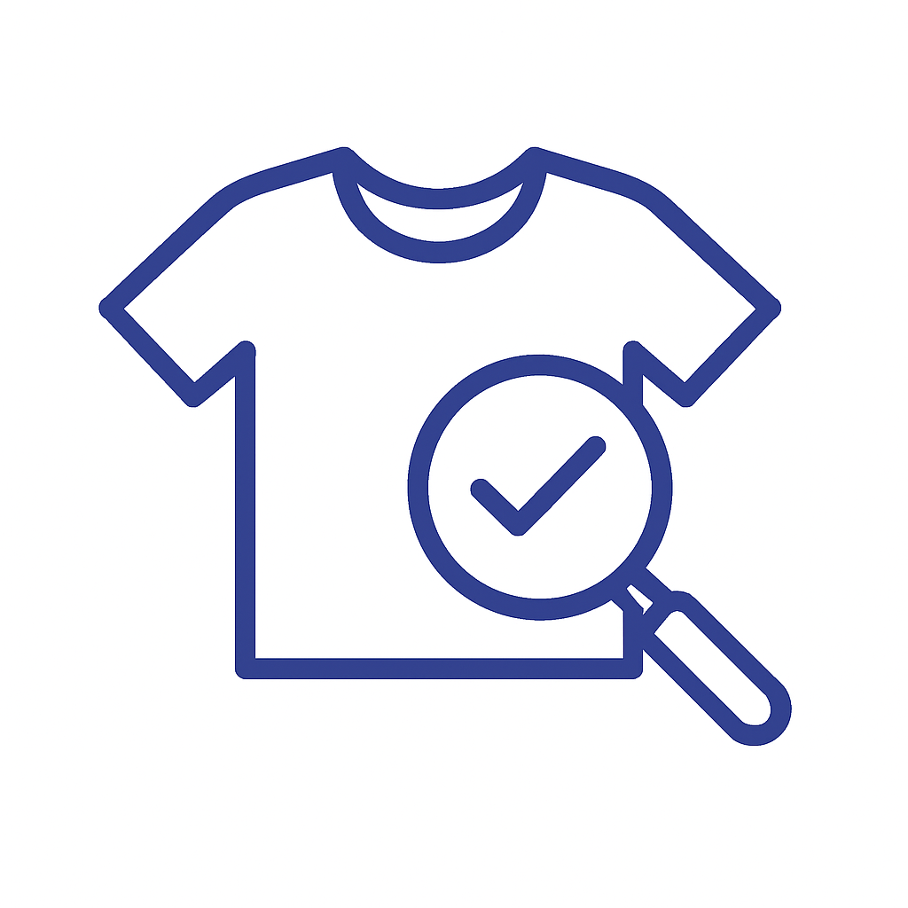 Illustration of a T-shirt with a magnifying glass and check mark, representing quality inspection in apparel manufacturing.