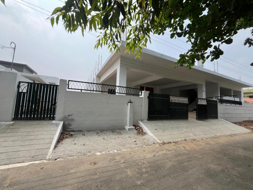View of a modern house with a white exterior and black gates, featuring a driveway and surrounding greenery.